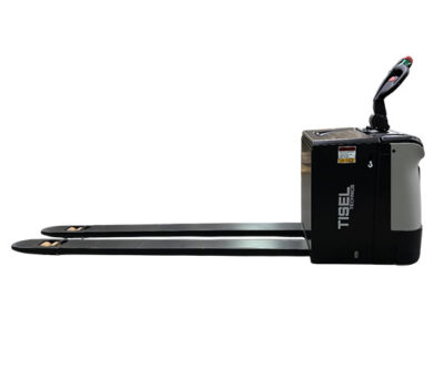 Электророхля с длинными вилами купить в Москве. Самоходная электрическая тележка Tisel Technics ET25P-240. Самоходный электрический перевозчик поддонов с удлиненными вилами 2400 мм, откидной платформой, грузоподъемностью 2.5 тонн для интенсивных работ